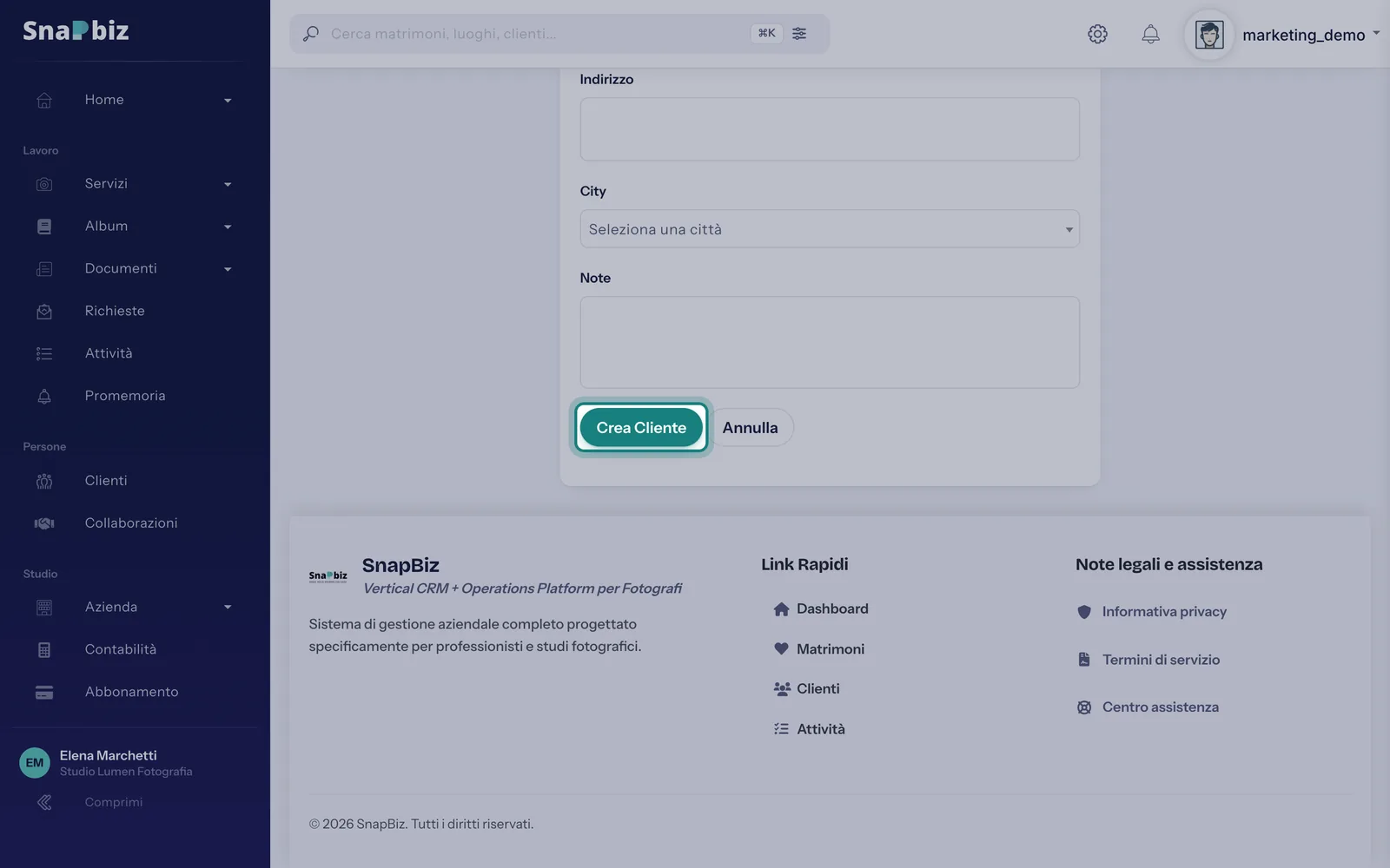 Passo 4: Se ti servono, aggiungi **Indirizzo**, città e **Note**, poi premi **Crea Cliente**. Il cliente compare nell'elenco e d…