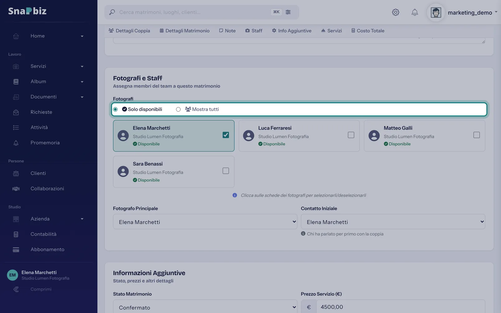 Passo 2: Ogni scheda mostra la disponibilità nella data del matrimonio: **Disponibile**, **Non Disponibile**, **Impegnato con Ma…
