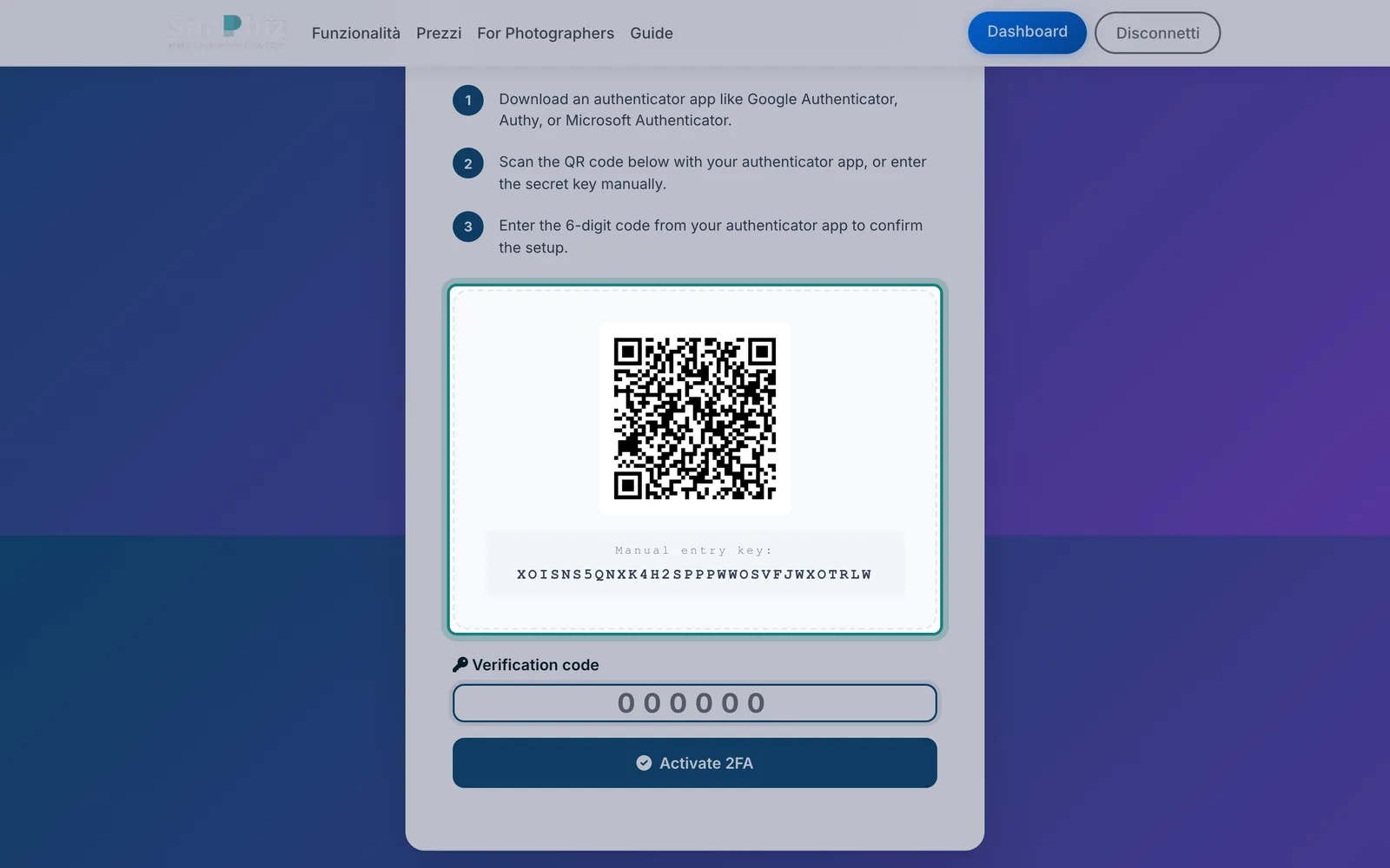 Passo 3: Installa sul telefono un'app di autenticazione (Google Authenticator, Authy o Microsoft Authenticator) e inquadra il **…