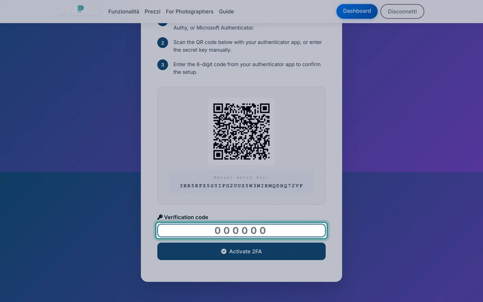 Passo 4: Scrivi nel campo **Verification code** il codice a 6 cifre che mostra l'app e premi **Activate 2FA**.
