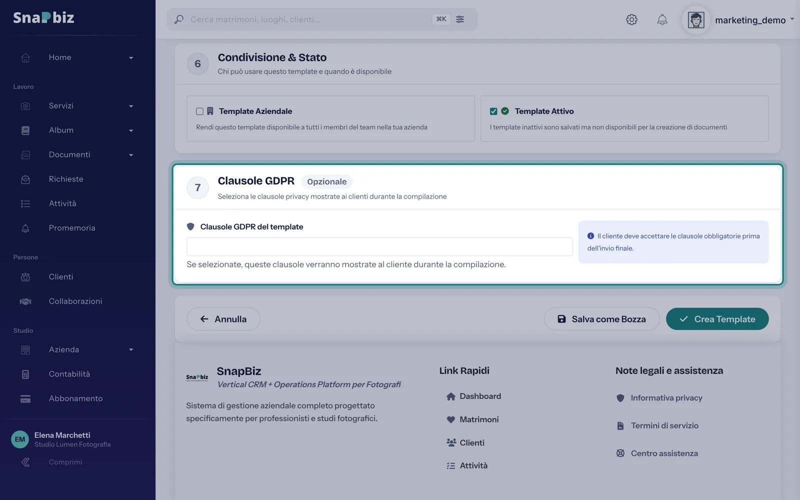 Passo 2: Nella sezione **Clausole GDPR** spunta le clausole da mostrare alla coppia, poi salva il template.