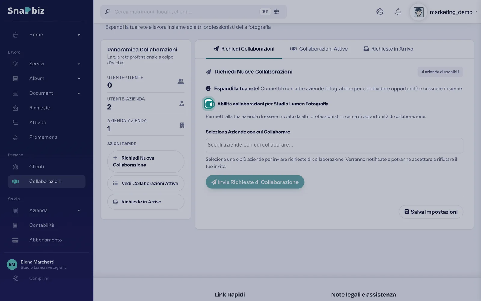 Passo 2: Nella scheda **Richiedi collaborazioni** attiva l'interruttore che rende il tuo studio visibile agli altri professionis…
