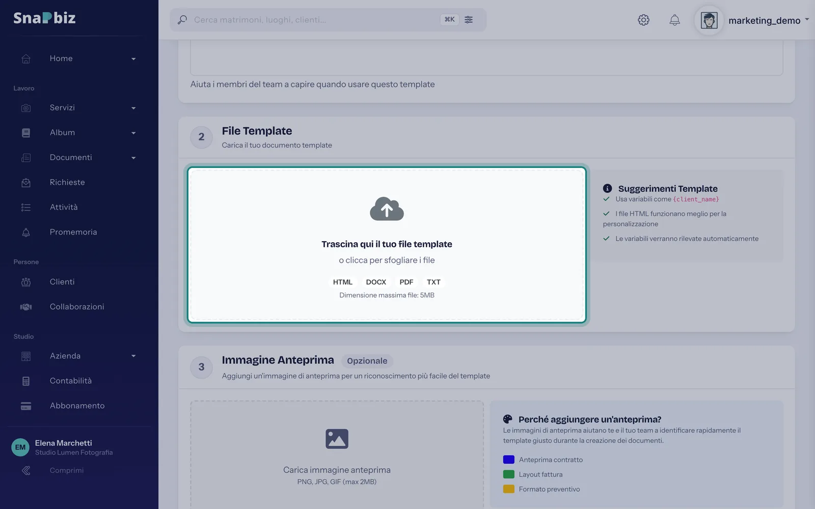 Passo 4: In **File Template** carica il testo del contratto (HTML, DOCX, PDF o TXT). Dove vanno i dati scrivi un segnaposto tra …