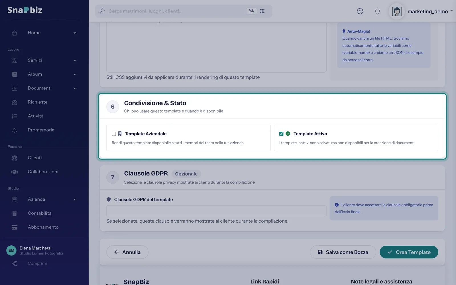 Passo 5: In **Condivisione & Stato** spunta **Template Aziendale**, così lo usa tutta la squadra, e lascia spuntato **Template A…