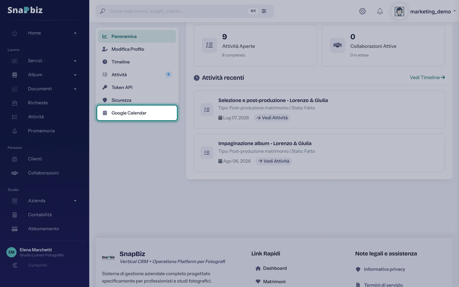 Passo 2: Nel menu del profilo, a sinistra, premi **Google Calendar**.