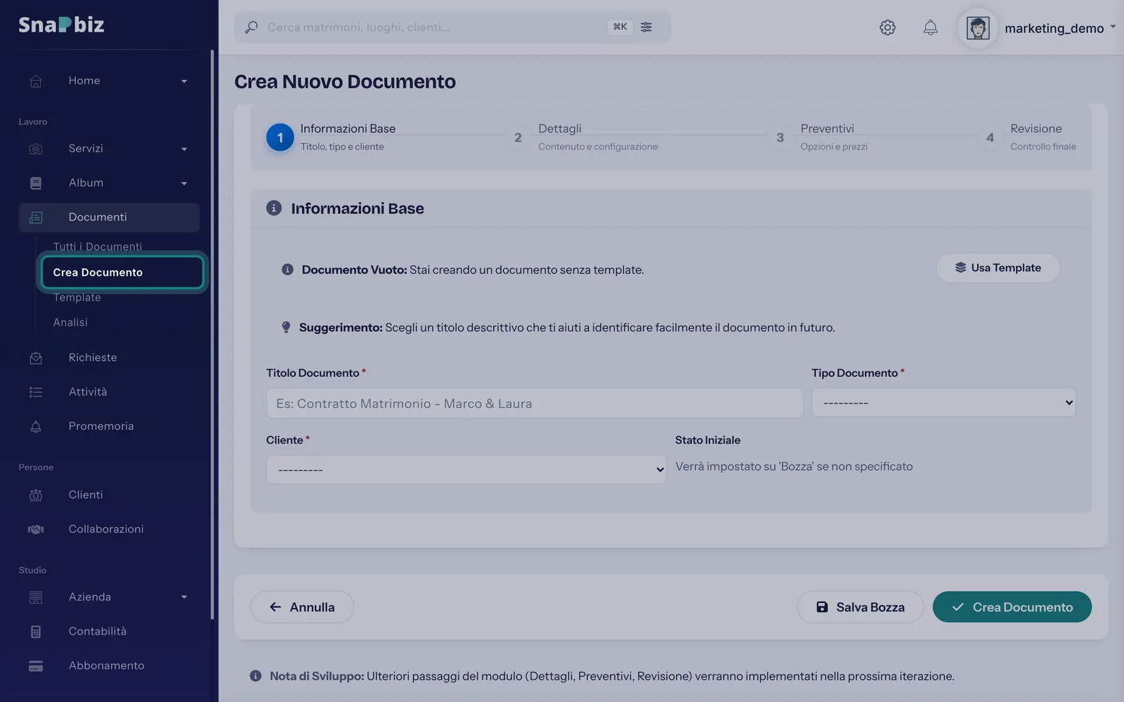 Passo 1: Apri **Documenti** dal menu a sinistra, nel gruppo *Lavoro*, e scegli **Crea Documento**.