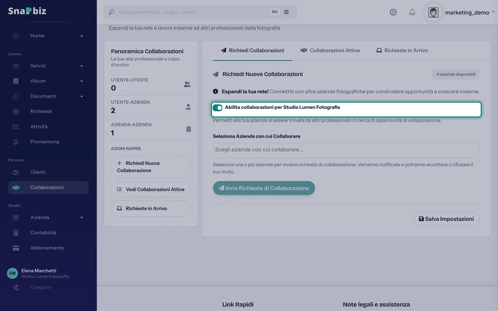 Passo 1: Apri **Collaborazioni** dal menu a sinistra, nel gruppo *Persone*. Nella scheda **Richiedi Collaborazioni** attiva **Ab…