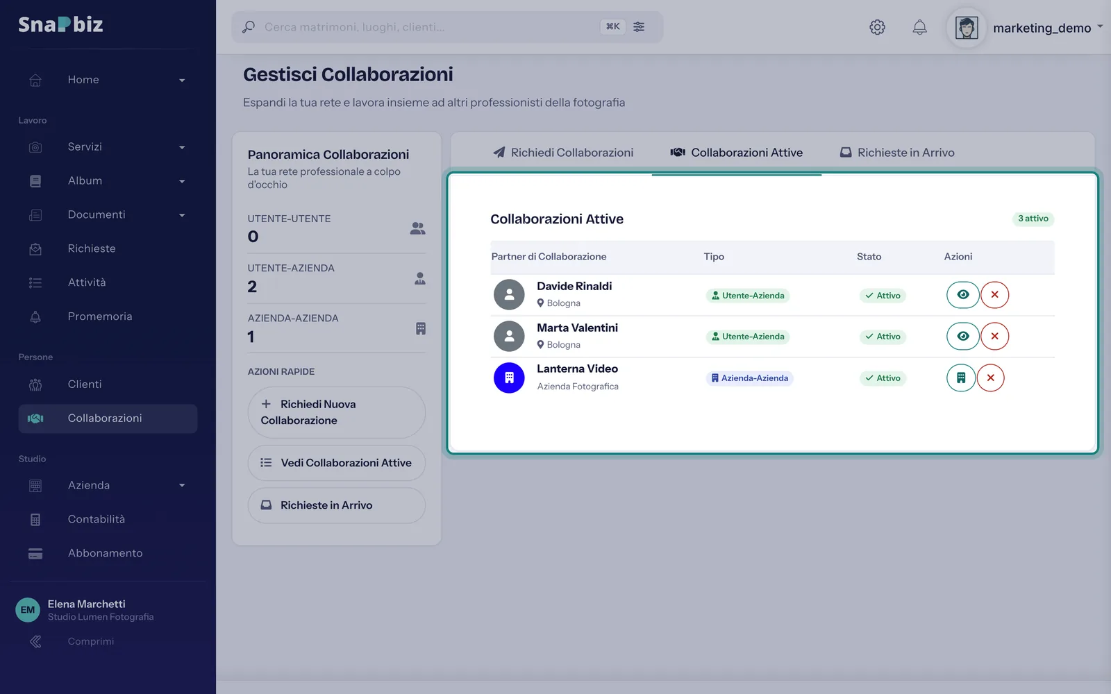 Passo 4: Il freelance compare in **Collaborazioni Attive** e, da quel momento, tra i fotografi che puoi assegnare ai tuoi matrim…