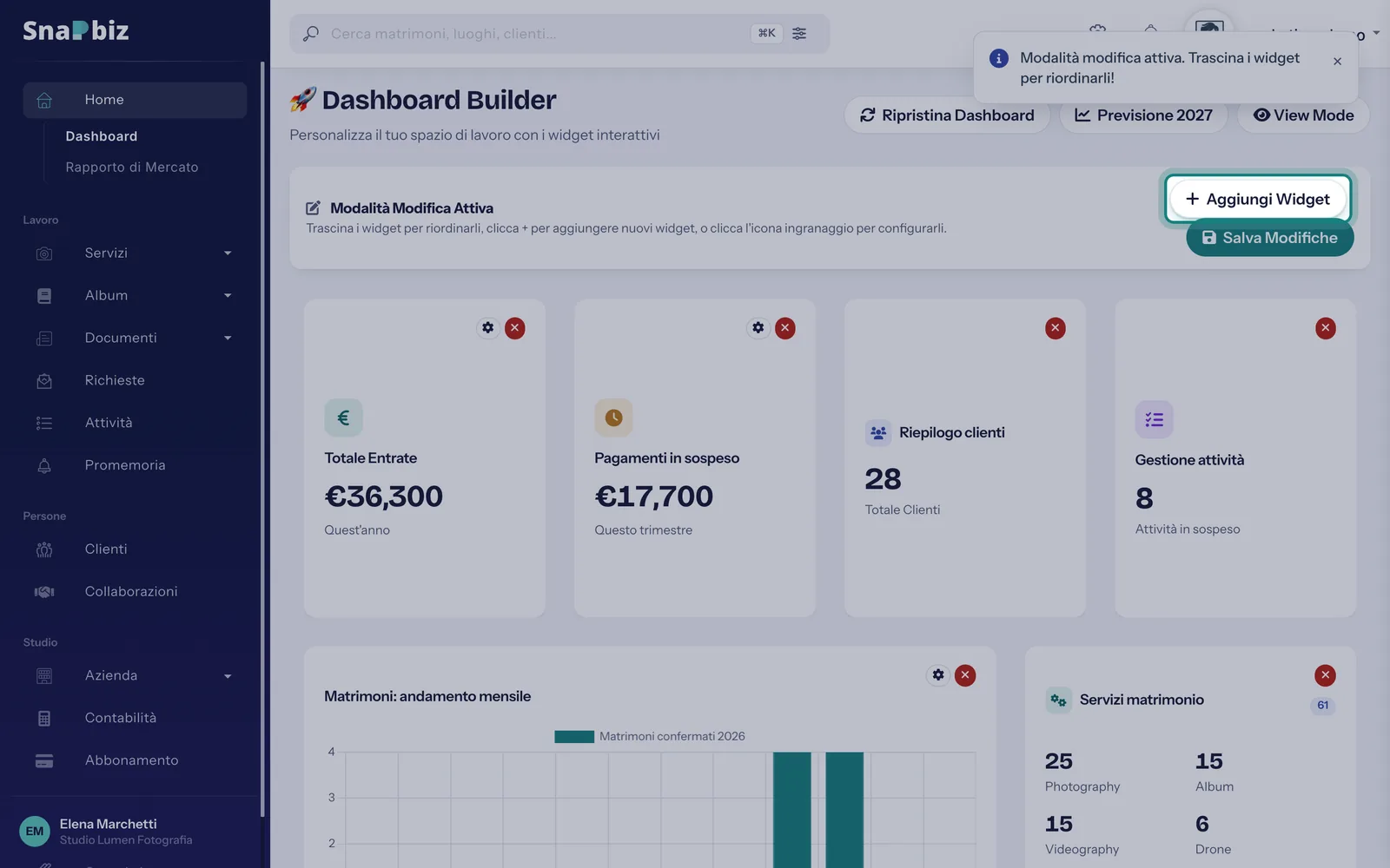 Passo 3: Premi **Aggiungi Widget**: nella **Galleria Widget** scegli una categoria (Analisi, Finanza, Prestazioni, Sistema) e ag…