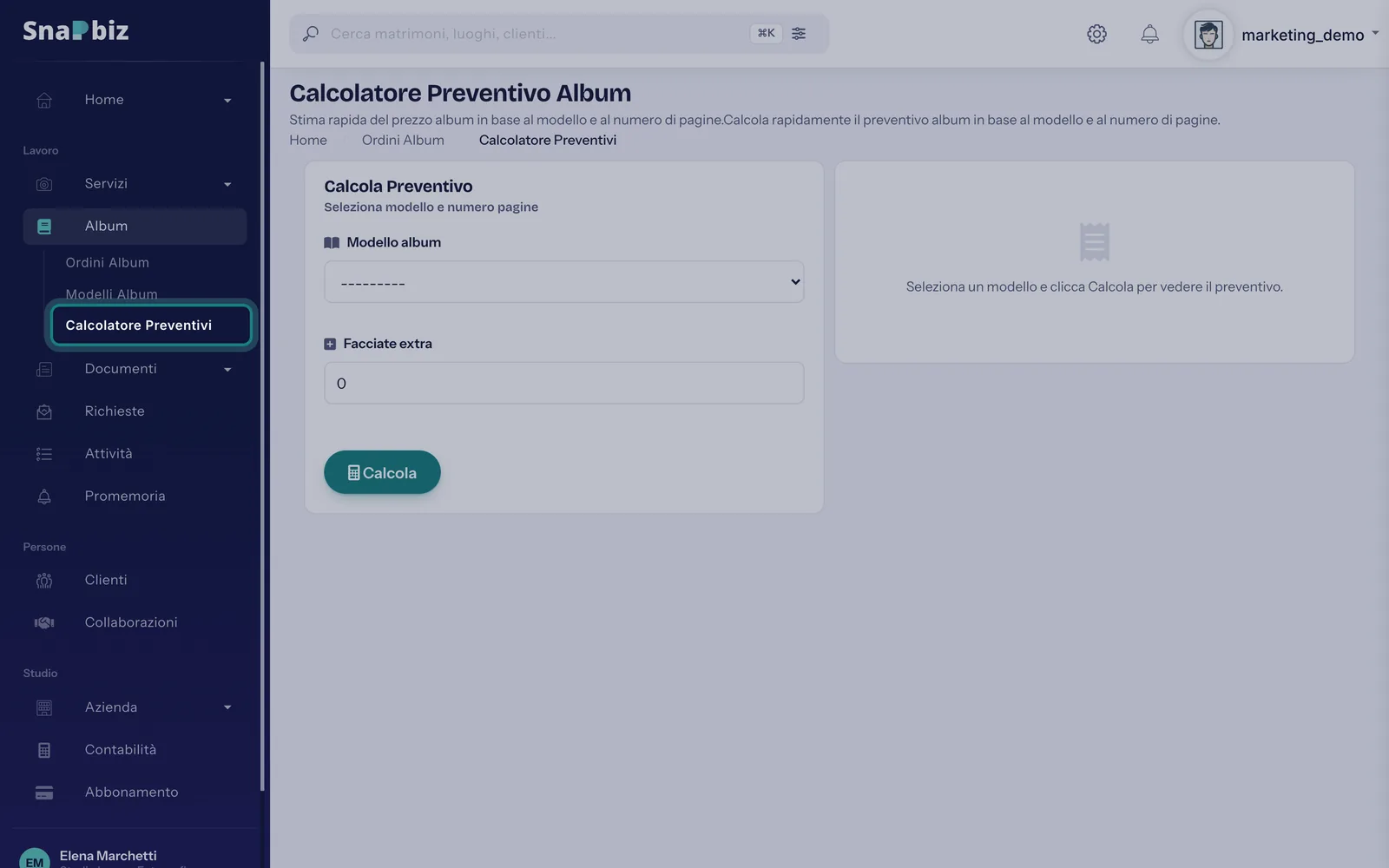 Passo 1: Apri **Album** dal menu a sinistra, nel gruppo *Lavoro*, e scegli **Calcolatore Preventivi**.