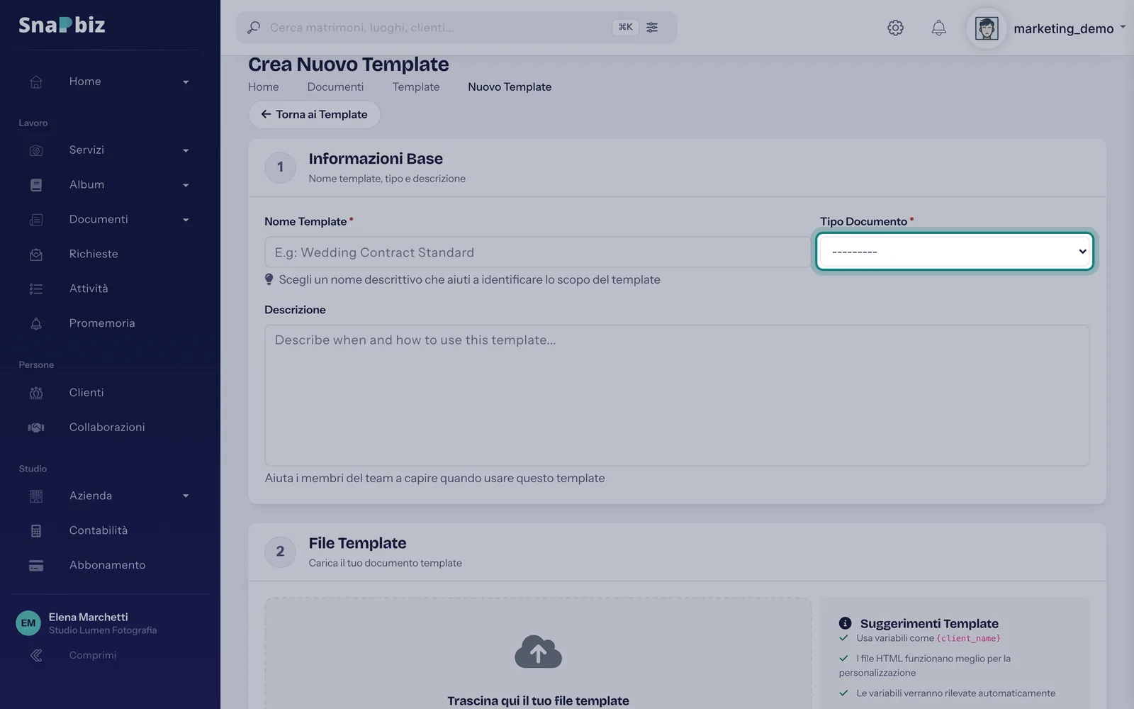 Passo 1: Prepara una volta il template del preventivo: in **Documenti** → **Template** premi **Nuovo Template** e come **Tipo Do…