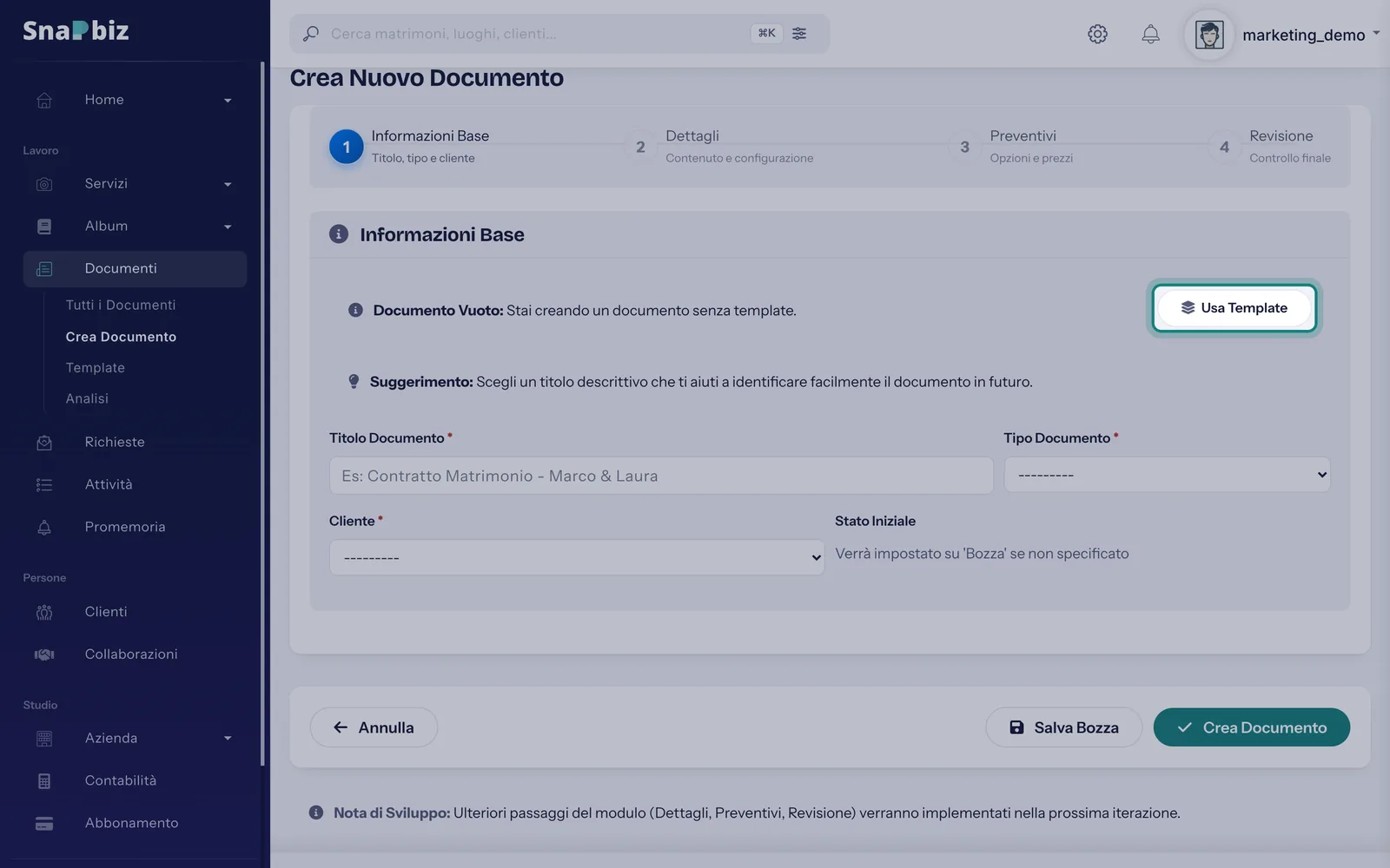 Passo 4: Per la coppia, apri **Documenti** → **Crea Documento**, premi **Usa Template**, scegli il preventivo e conferma con **C…