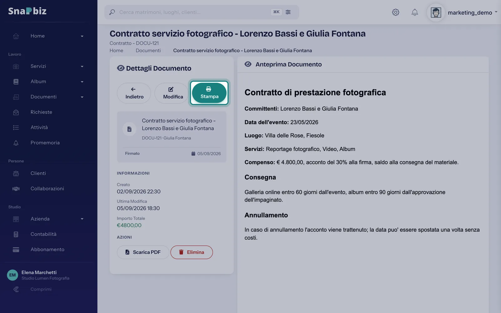 Passo 4: Se preferisci stamparlo, premi **Stampa**: si apre il documento a tutta pagina, da stampare o salvare dal browser.