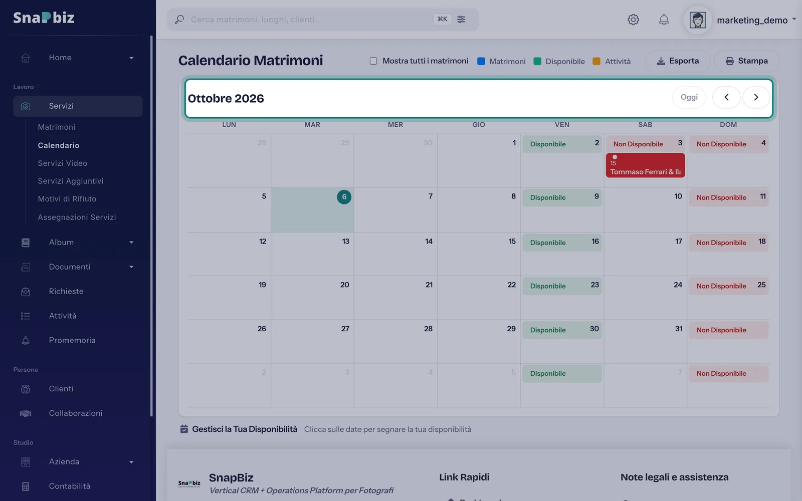 Passo 2: Il calendario mostra i matrimoni *confermati* a cui partecipi. Con le frecce in alto cambi mese.