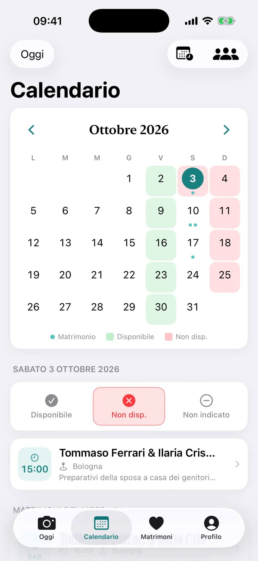Calendario con le disponibilità nell'app iPhone di SnapBiz