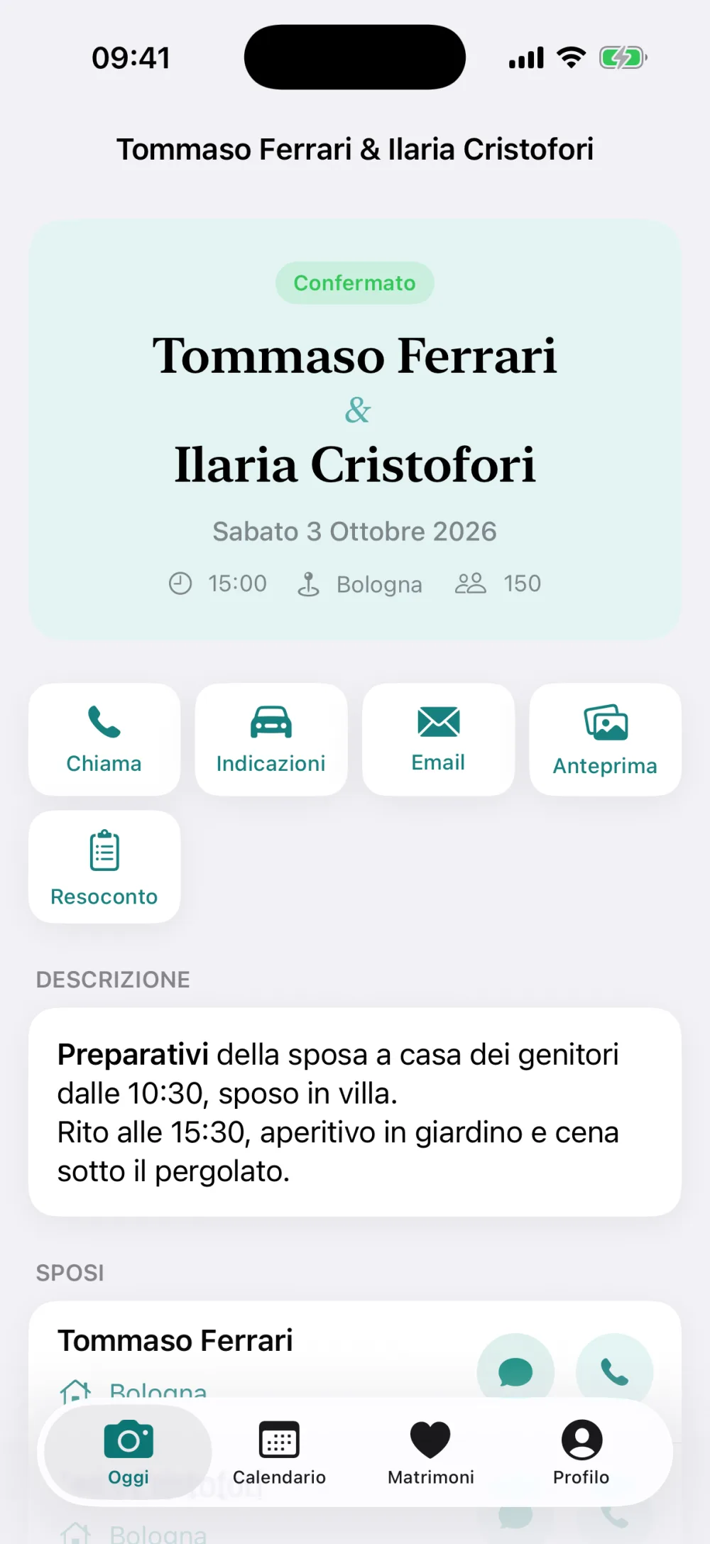 App iPhone di SnapBiz con il matrimonio del giorno