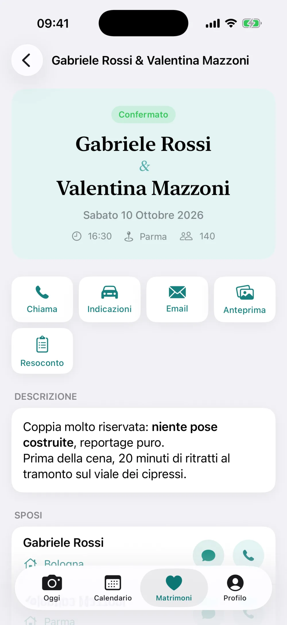 SnapBiz iPhone app showing a wedding record