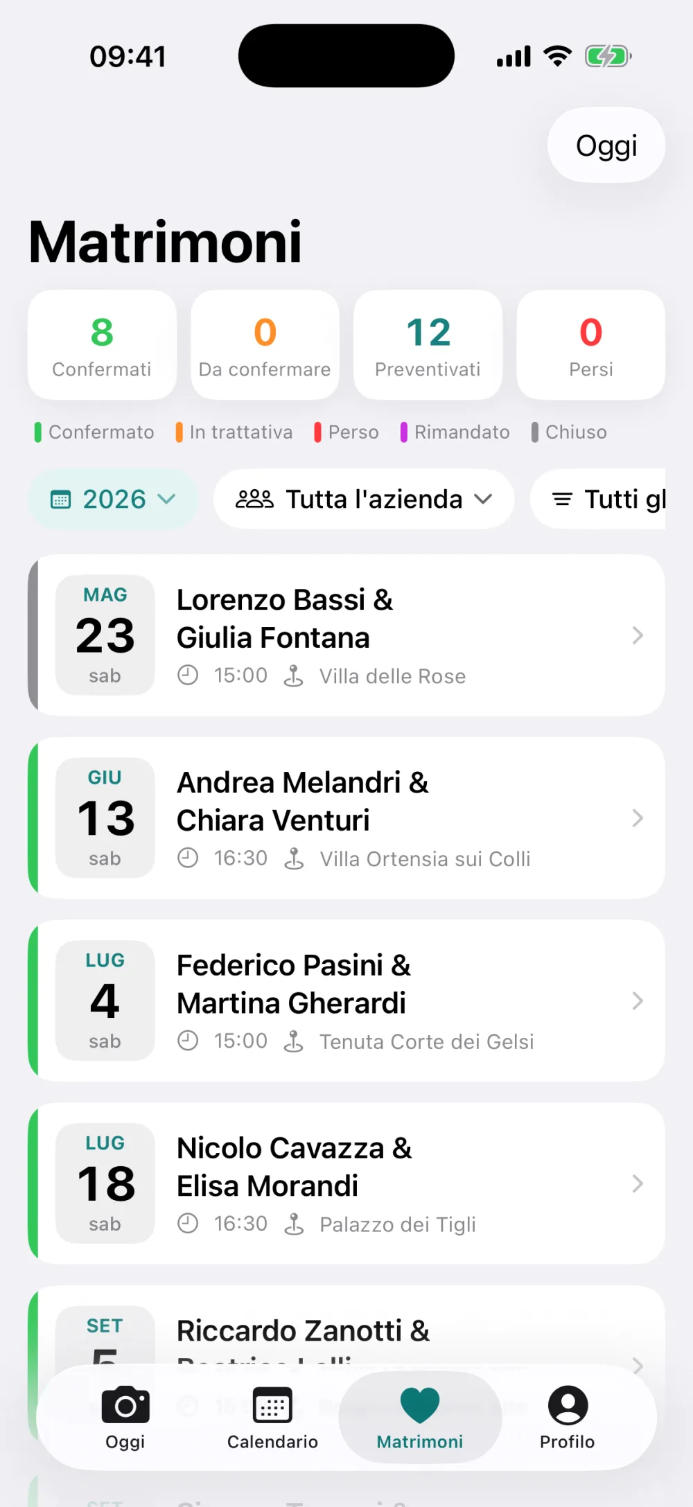 Lista dei matrimoni nell'app iPhone di SnapBiz
