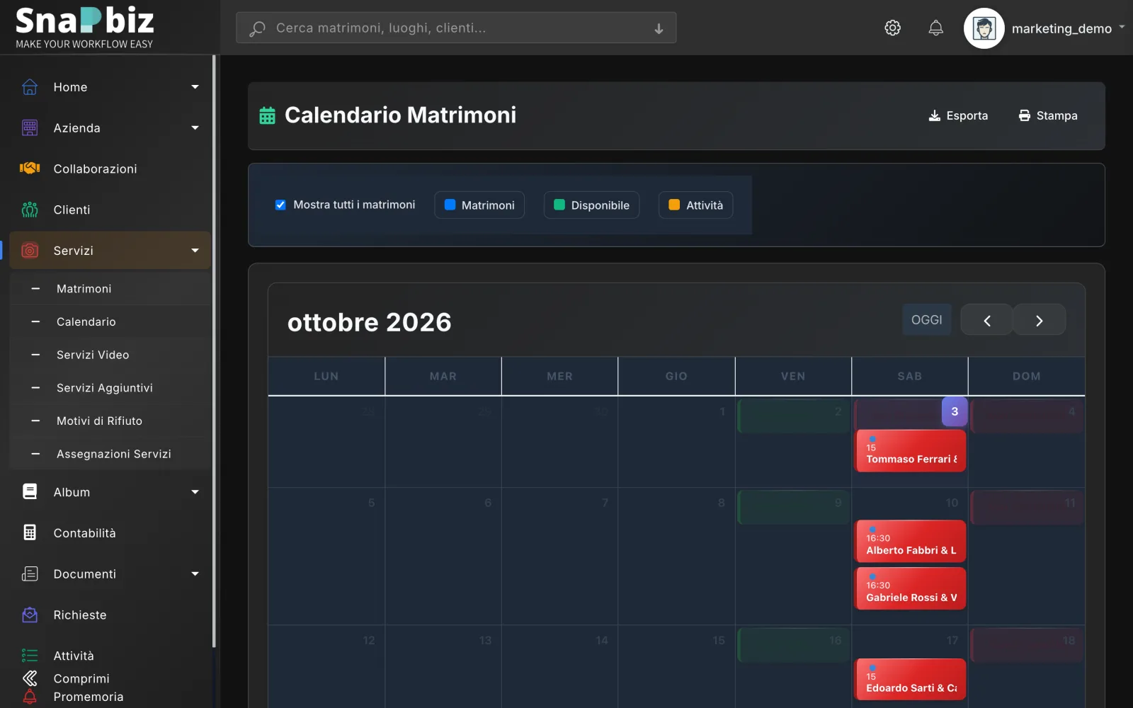 SnapBiz calendar with the month's weddings and team availability
