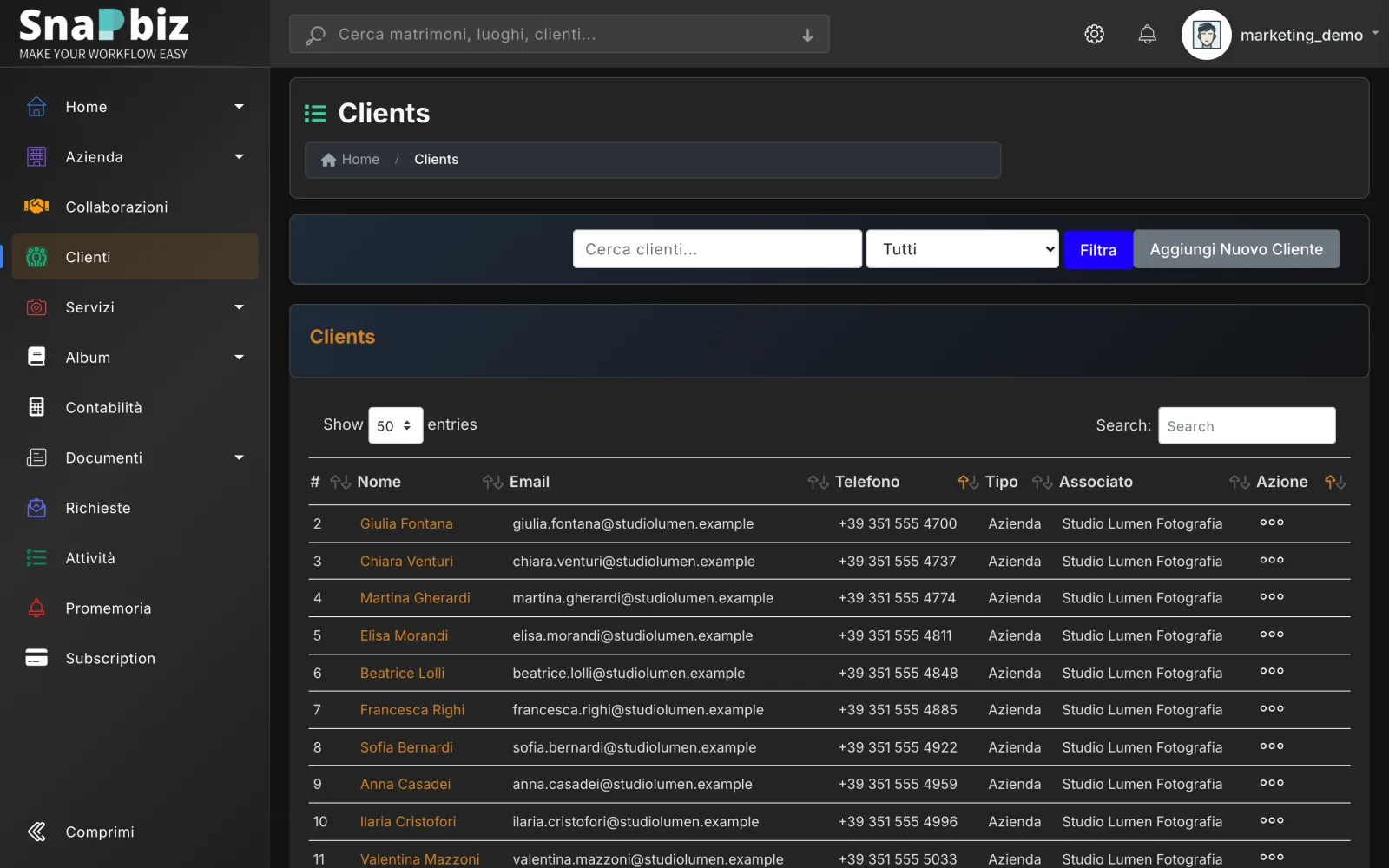 Client list in SnapBiz with portal invitation status