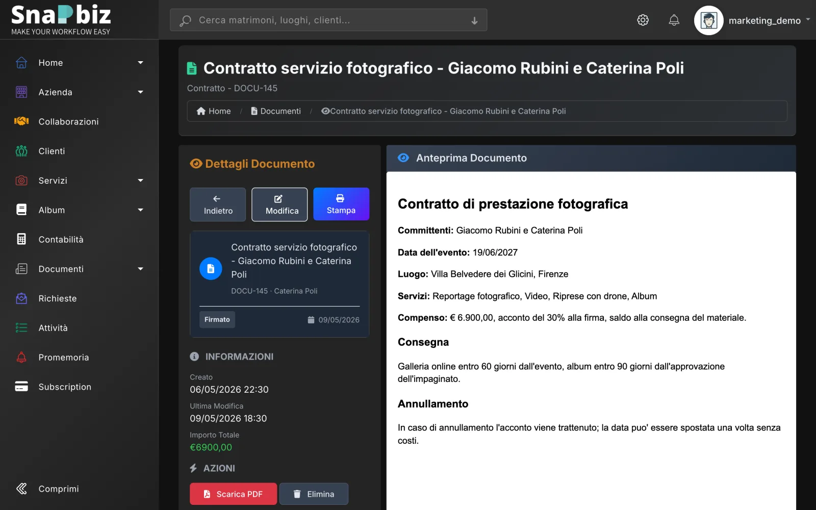 A contract in SnapBiz with document status and the couple's signature