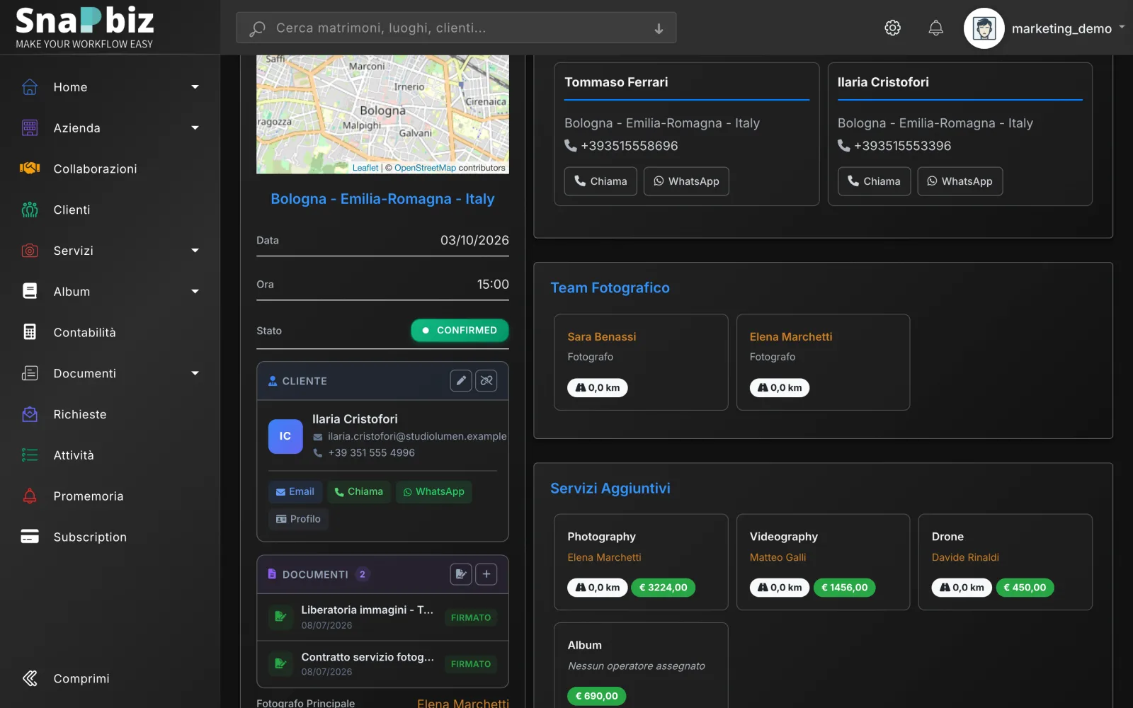 A wedding record in SnapBiz with status, services, team and notes