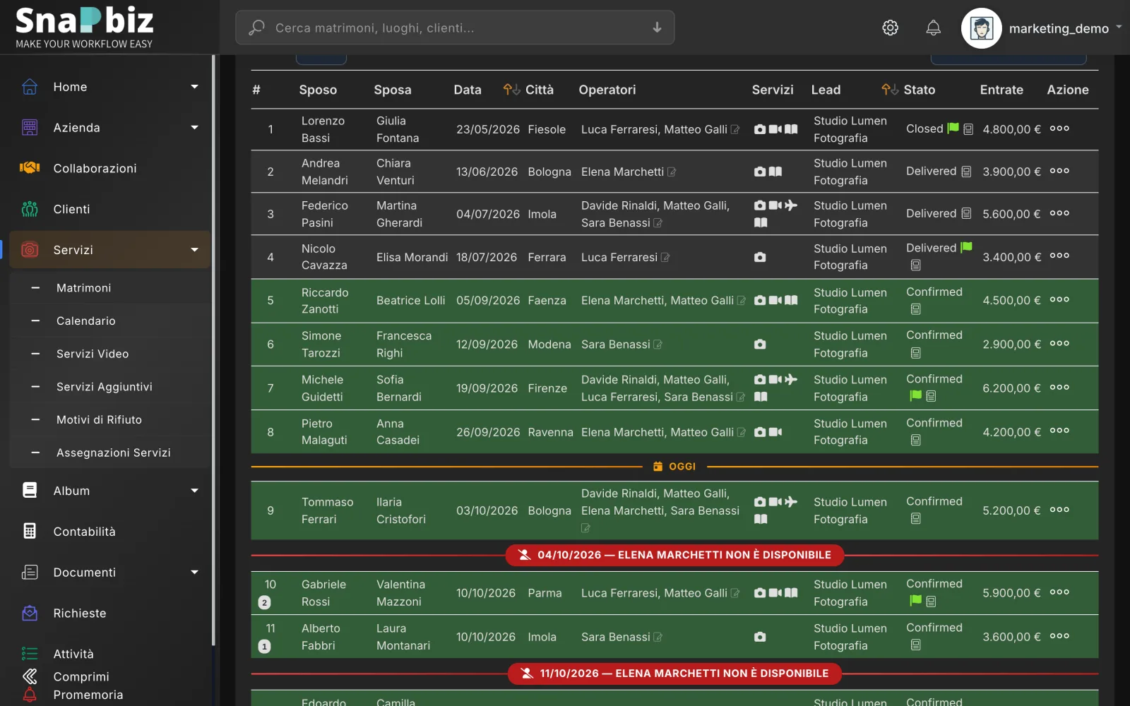 List of weddings and inquiries in SnapBiz with colour-coded statuses